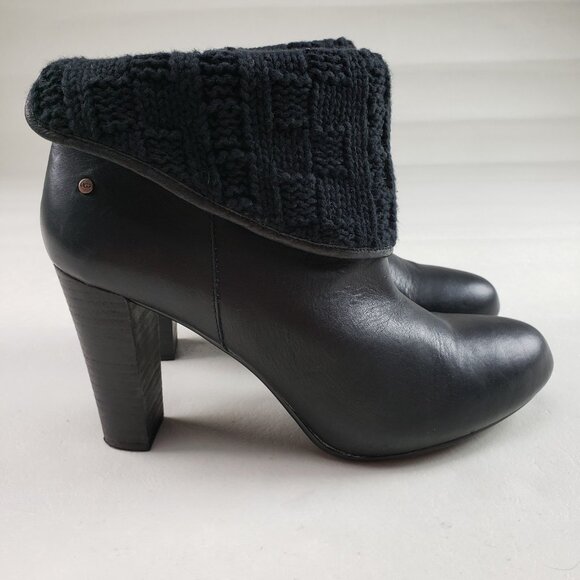 Ugg Dandylion Leather Ankle Boot Womens 10 Black Heeled Knit Cuff Pull On Bootie - Picture 3 of 16